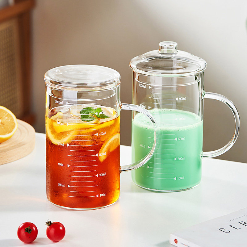 刻度杯量杯家用牛奶杯高硼硅耐高温大容量带盖玻璃水杯加厚杯子