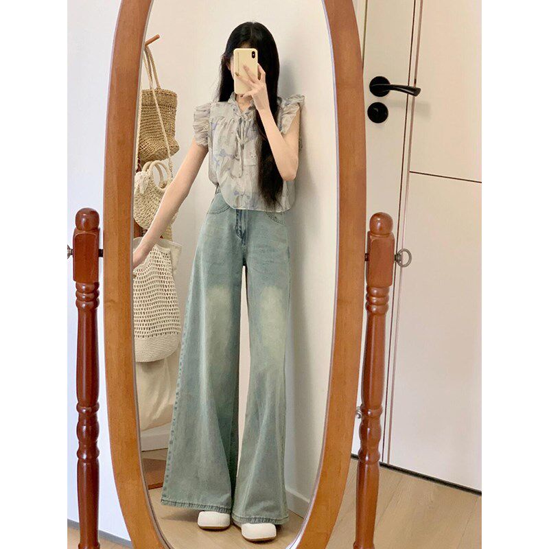 高腰微喇直筒牛仔裤2024年新款女夏季薄款阔腿宽松显瘦垂感裤子