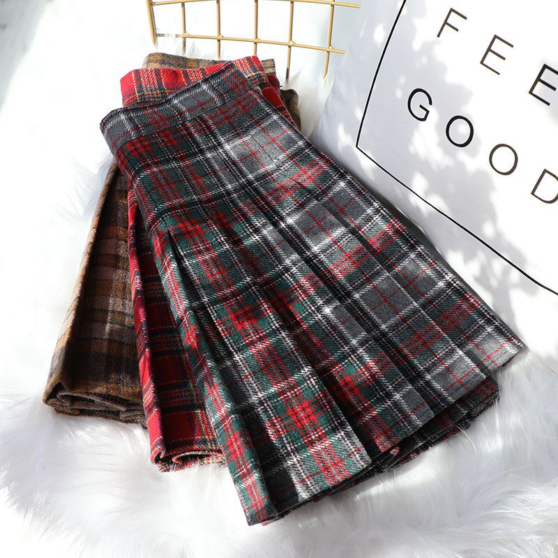 棕色格子百褶裙女秋冬高腰防走光毛呢加厚半身裙子显瘦a字短裙裤