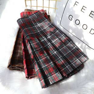 棕色格子百褶裙女秋冬高腰防走光毛呢加厚半身裙子显瘦a字短裙裤