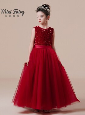 女童高端钢琴演出服十周岁生日公主裙红色乐团小提琴演奏主持礼服