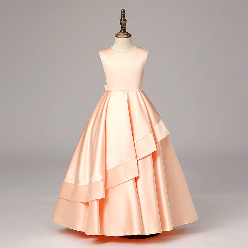 女童晚礼服公主裙大童主持人钢琴演出礼服儿童高端缎面舞台表演服