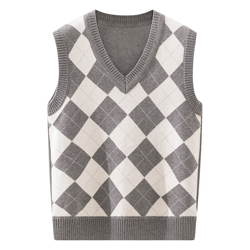 女童马甲儿童格子灰色毛背心男童毛衣针织加绒毛线大童学院风马夹