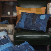 客厅民宿装 钟声刺子绣 中式 抱枕靠垫腰枕背枕套 饰 复古手工蓝染