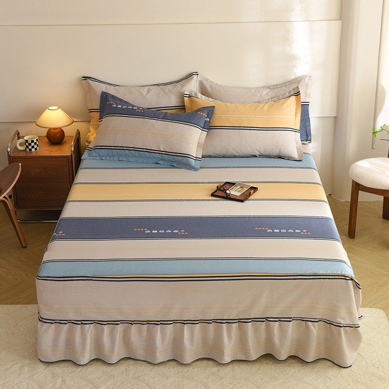 简约风纯棉床裙单件条纹双人全棉床笠罩带裙边床盖床围裙罩三件套,床上用品,床裙,淘宝优惠券,粉丝福利购,淘宝优惠卷
