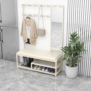 简约奶油风换鞋凳挂衣架一体衣帽架组合落地鞋柜沙发垫入户休息凳