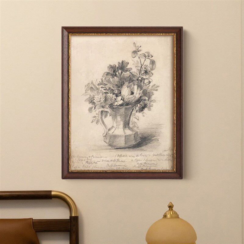 水壶里的花素描瓶花复古装饰画轻奢法式花朵壁画复古小众客厅挂画