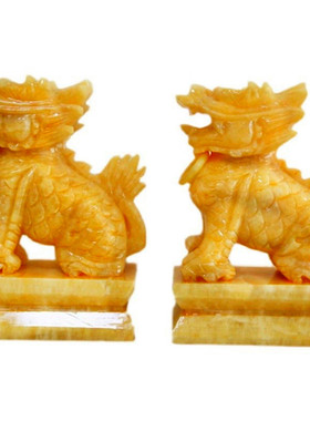 祥瑞玉石麒麟摆件一对招财黄玉工艺品白玉精工款家居客厅办公室送