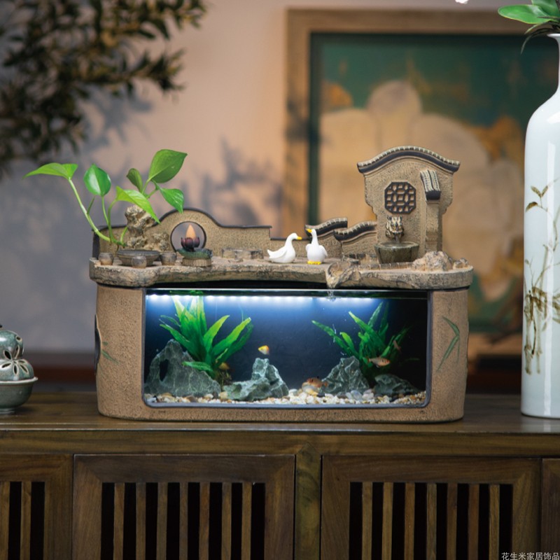 办公室鱼缸水族箱中式流水装饰摆件客厅小型超白玻璃创意造景玄关