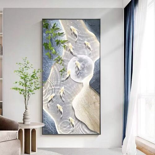 高级感入户正对门挂画玄关装饰画九鱼图客厅过道走廊尽头壁画大气