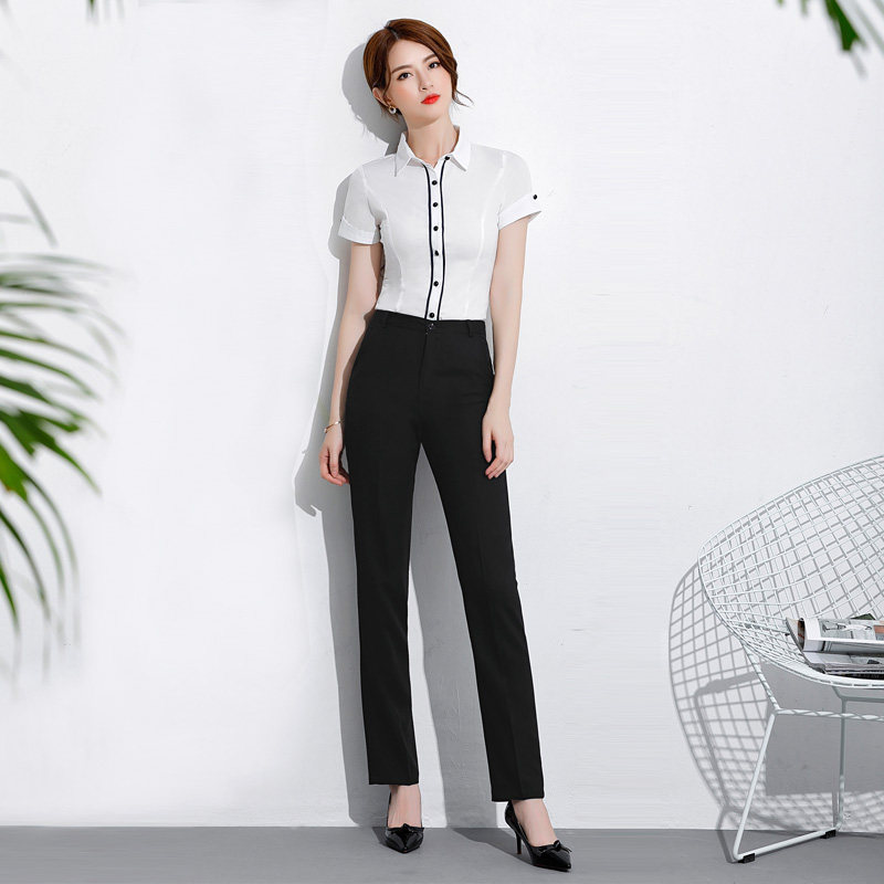 黑色工作裤服务员宽松直筒松紧腰上班职业装高腰正装西装裤女长裤