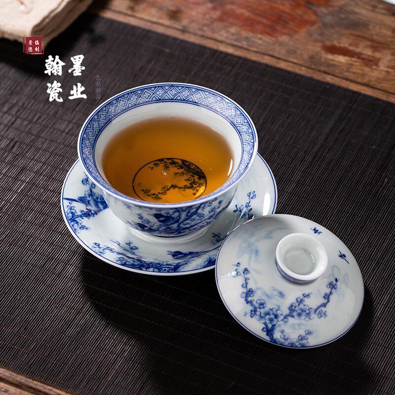景德镇陶瓷仿古泥喜上眉梢三才盖碗可悬停泡茶碗青花瓷釉下彩茶具