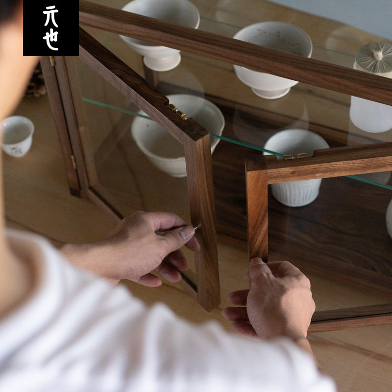 木质陈列展示柜玻璃钢化复古茶饮具双层小型手办首饰收藏元也设计