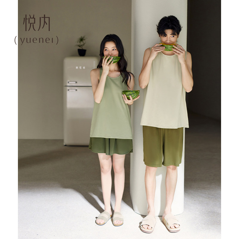 悦内情侣睡衣女款夏季无袖背心短裤纯棉家居服男夏天夏款薄款套装