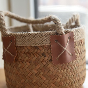 手提篮子手工编织筐手拎包海草编织篮子创意竹篮藤编花盆鲜花花篮