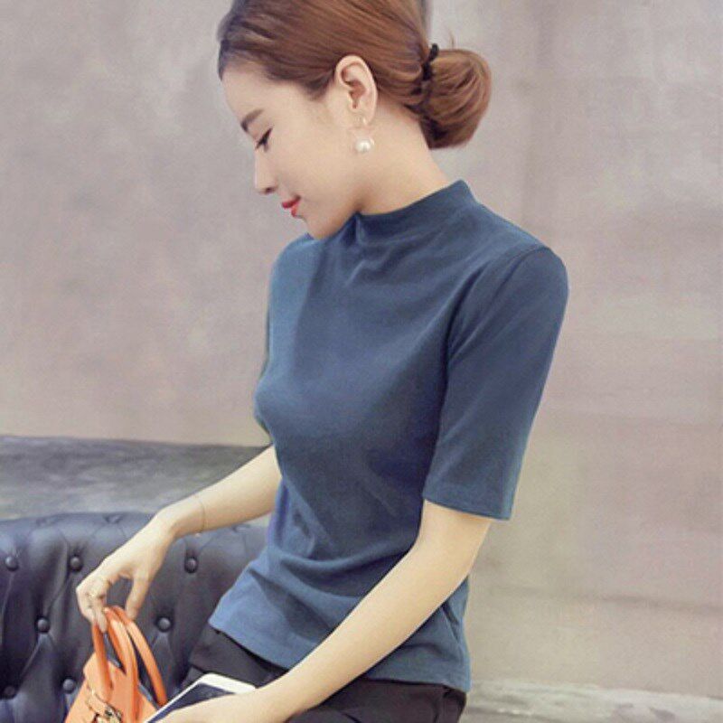 毛衣针织衫女薄款T恤春秋冬季新款修身半高领中袖打底衫蓝色上衣