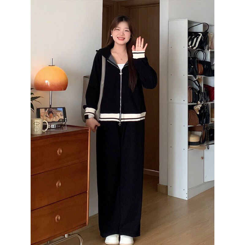 微胖的喵喵 大码女装梨型mm春季显瘦休闲卫衣外套阔腿裤套装 0637