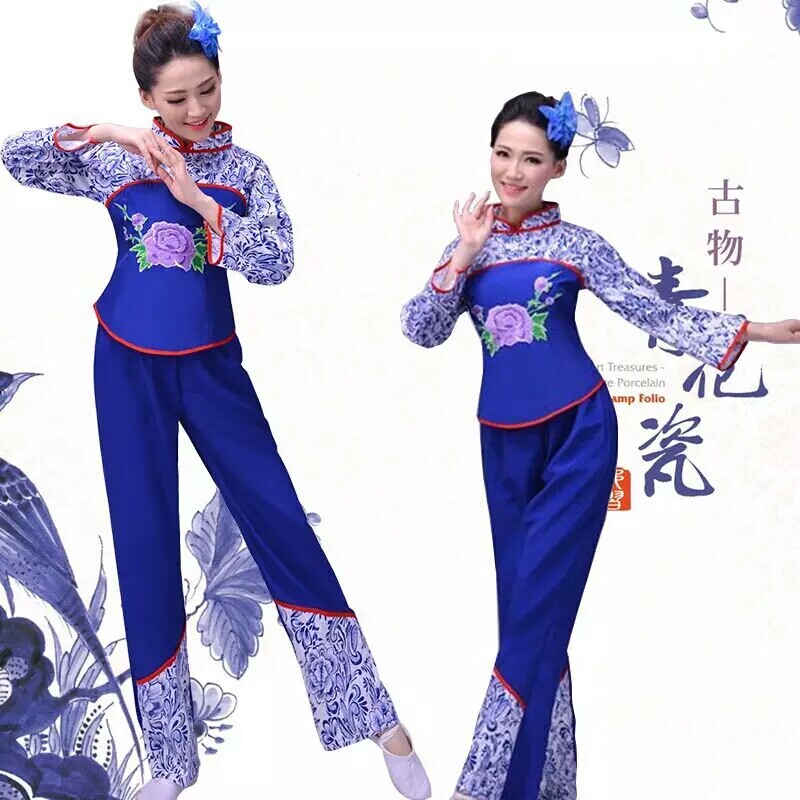 秧歌服2017新款斗笠青花瓷舞蹈服装阿庆嫂演出服采茶女村姑表演服