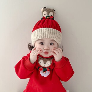 宝宝帽子秋冬款围巾红色新年婴儿圣诞帽男宝女宝儿童可爱冬季过年