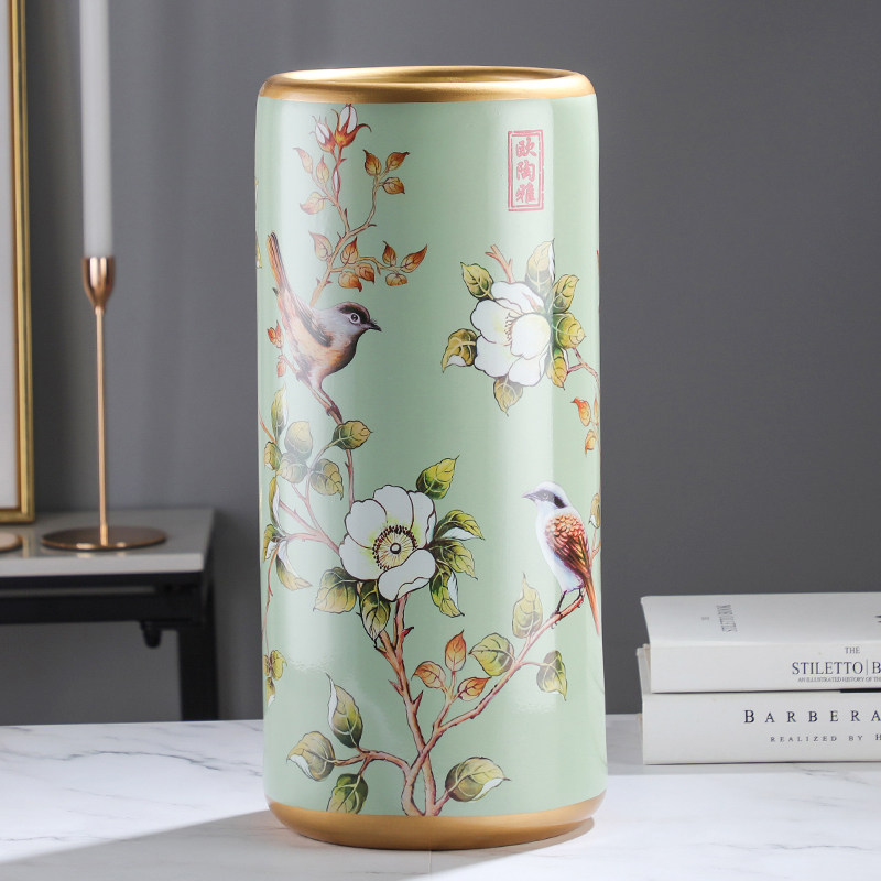 美式陶瓷落地花桶干花插花收纳桶客厅轻奢复古装饰花插花瓶摆件