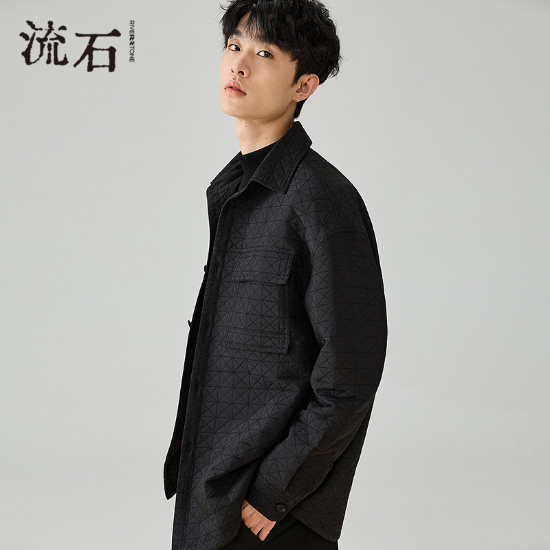 流石男装黑色时尚薄款棉服2024年冬季新款男士高级感衬衫外套夹克