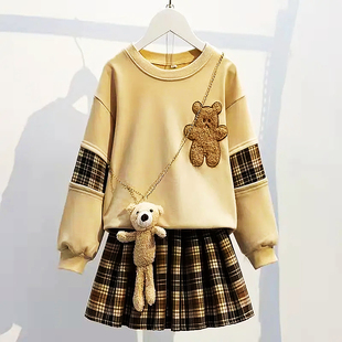 女童秋装两件套2023新款长袖卡通卫衣裙子裙套装儿童公主JK百褶裙