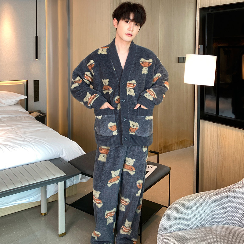 樱丝芳超厚珊瑚绒睡衣男款秋冬季加厚加绒保暖加肥大码冬款家居服