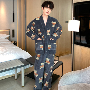 樱丝芳超厚珊瑚绒睡衣男款秋冬季加厚加绒保暖加肥大码冬款家居服