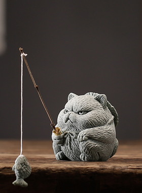 卡通可爱小猫咪茶宠动物摆件创意侠客猫钓鱼香插香托鱼缸桌面装饰