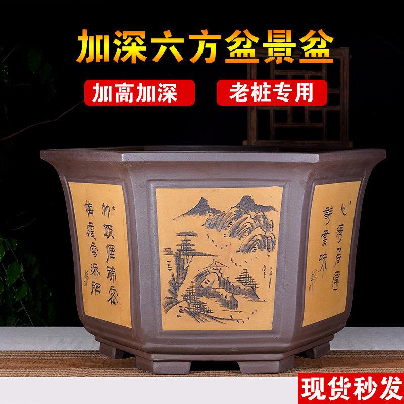 特大号六方紫砂花盆罗汉松树桩花盆石榴树盆景盆加高加深榕树盆