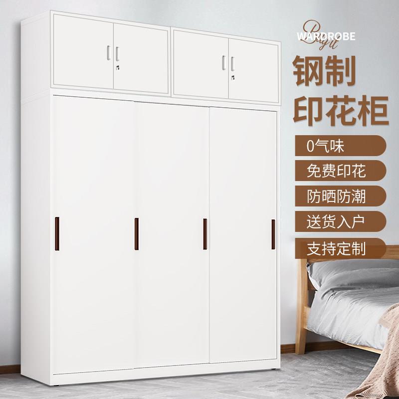 钢制铁皮柜更衣柜家用卧室拉门大衣橱印花儿童收纳柜阳台柜带锁