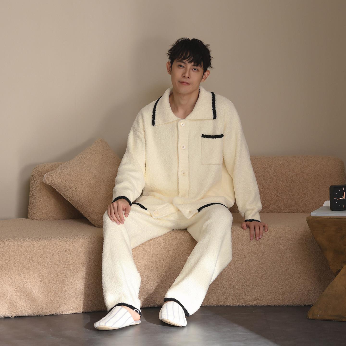【半边绒】新款睡衣男秋冬季高档软绵绵珊瑚绒加厚保暖家居服套装