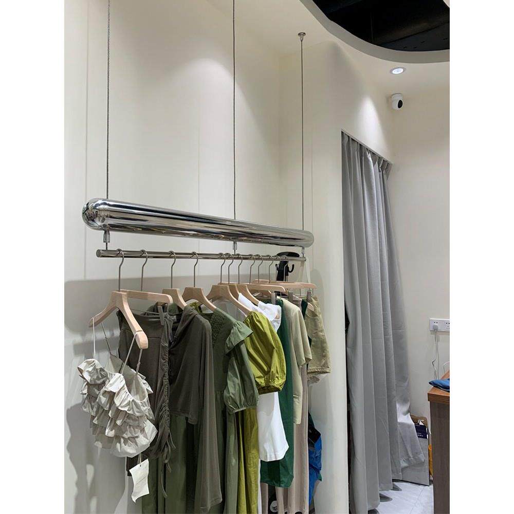 服装店展示架不锈钢吊架升降挂衣杆童装侧挂架女装钢丝调节陈列架