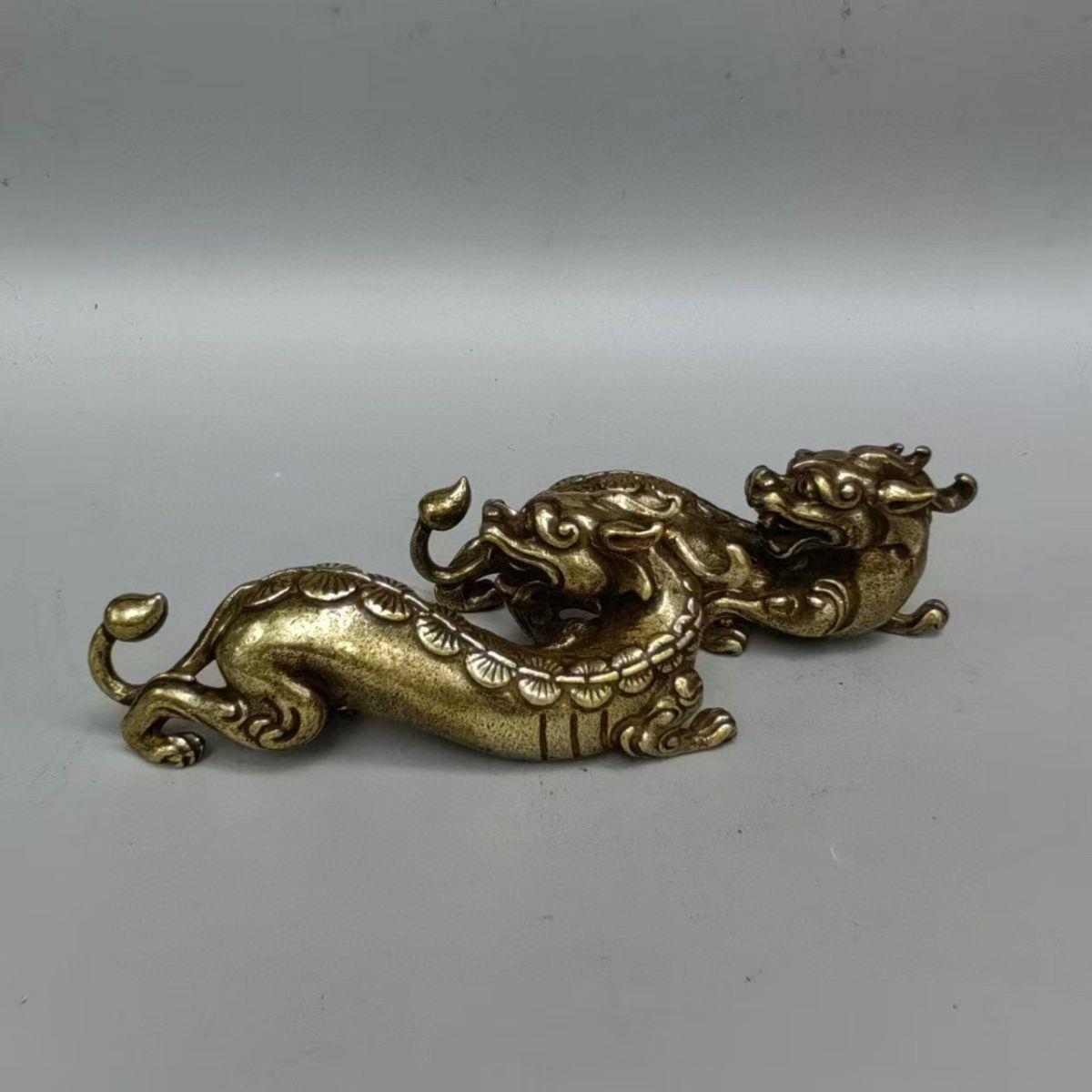 黄铜覆古貔貅神兽麒麟纯铜一对客厅手把摆件茶宠家居摆件