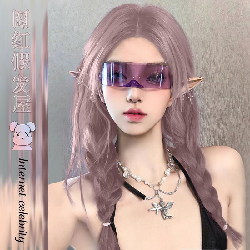 假发女长发夏季网红女团风粉紫色长直发中分八字刘海造型全头套式