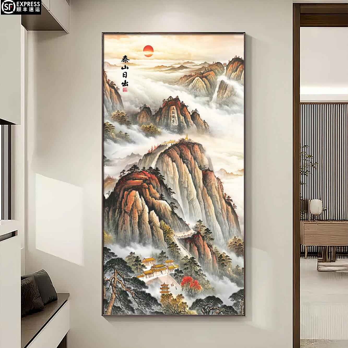 泰山日出东方挂画入户玄关装饰装饰画高档带灯发光过道走廊壁画