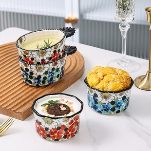 可爱陶瓷碗儿童宝宝辅食碗家用烘焙甜品舒芙蕾烤碗带把手的蒸蛋碗
