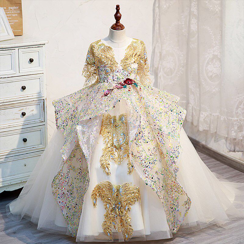 儿童礼服公主裙女童高端走秀奢华拖尾小女孩钢琴比赛主持人演出服