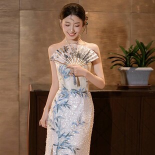 新中式 国风旗袍晚礼服裙高级轻奢女晨袍新娘宴会敬酒服鱼尾轻婚纱