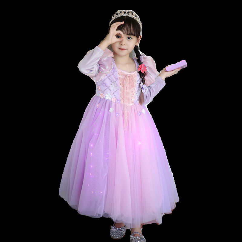 发光长发公主裙女童长袖高端礼服万圣节儿童乐佩连衣裙小孩演出服