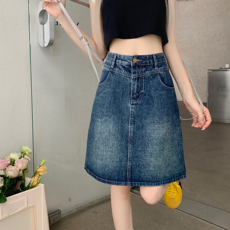 大码复古做旧牛仔裙中裙女春夏高腰显瘦少女感梨形穿搭a字半身裙