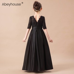 女童黑色公主裙长款钢琴演出服冬儿童乐团合唱礼服学生元旦主持服