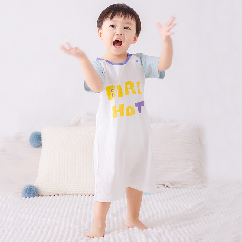 宝宝睡袍纯棉夏季薄款儿童睡衣春秋女童短袖睡裙男童家居服连体衣