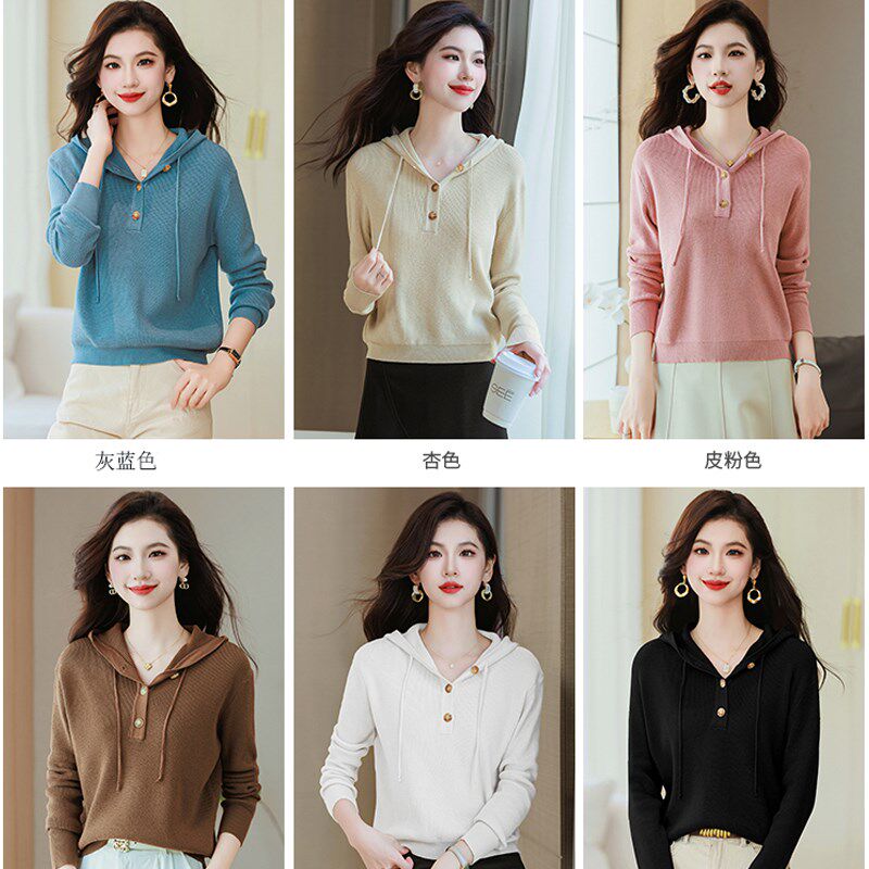 带帽长袖针织衫秋冬女装2024新款套头小个子上衣短款连帽毛衣卫衣