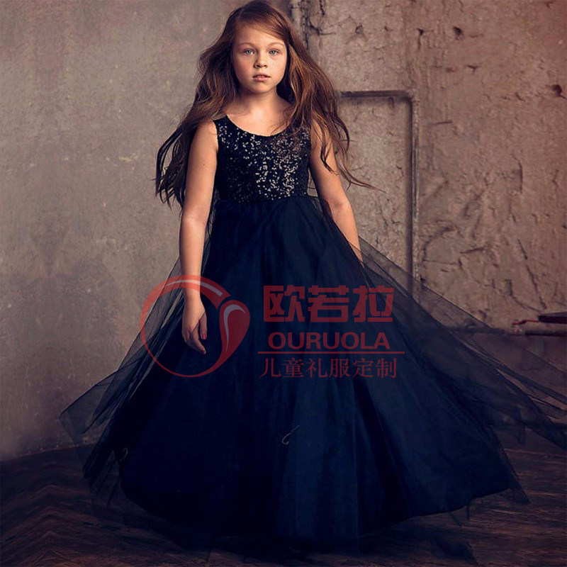 女童模特走秀亮片长款主持钢琴演出晚礼服十岁生日圆锁宴会公主裙