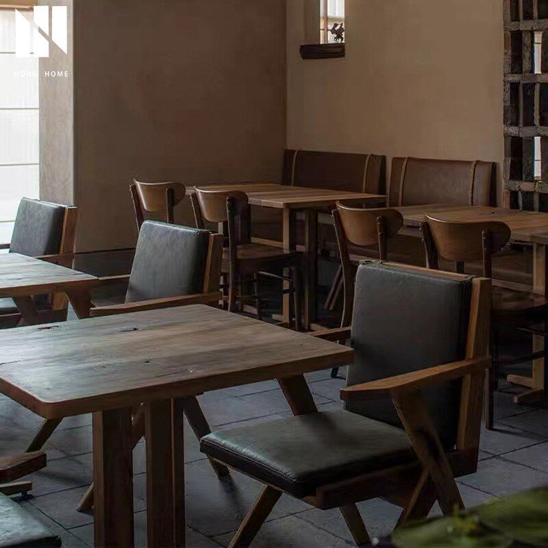弄物集  商用复古实木餐桌侘寂风餐厅正方形木桌椅咖啡店小方桌子