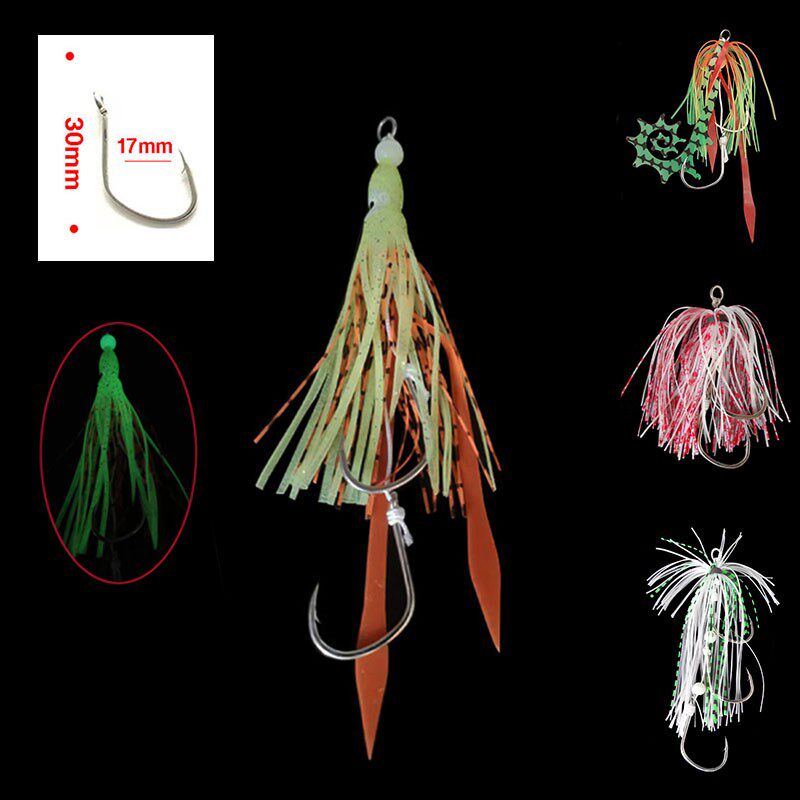 鱿鱼假饵双钩2/04/06/0船钓胡须佬胶裙慢摇铁板双钩红甘章鱼马鲛