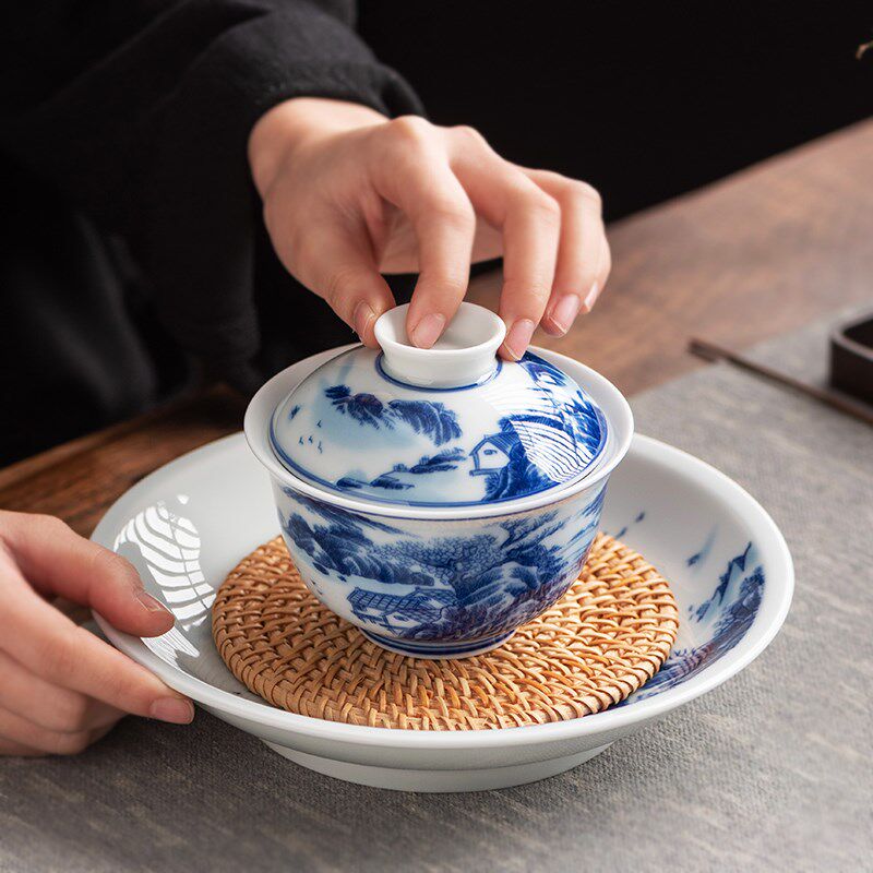 青花瓷壶承蓄水陶瓷壶托底座藤编养壶垫茶道茶具盖碗干泡茶承托盘
