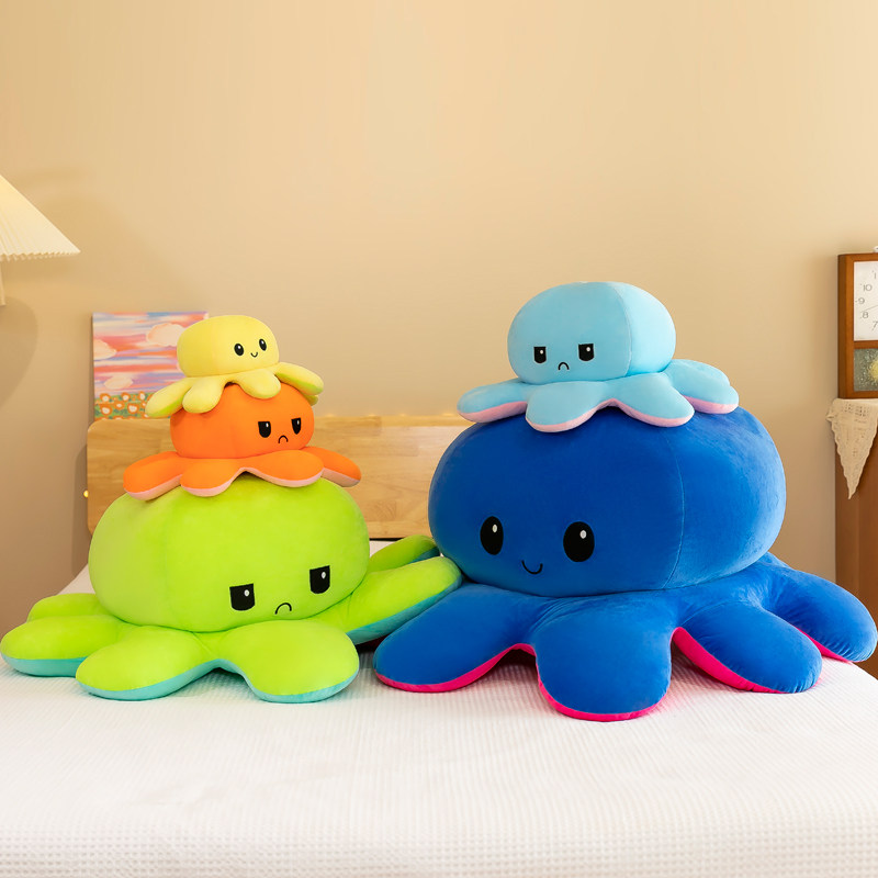 翻面章鱼公仔超大号生气变脸双面表情翻转八爪鱼头套毛绒玩具玩偶