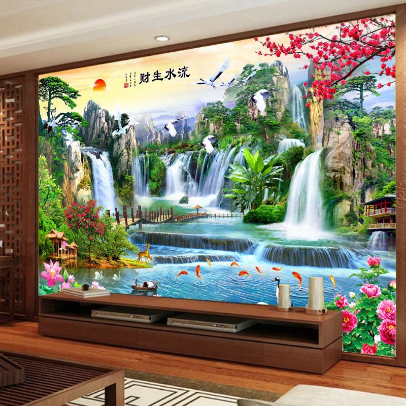 中式风景山水流水生财大厅电视沙发背景墙装饰墙布办公室壁纸壁画